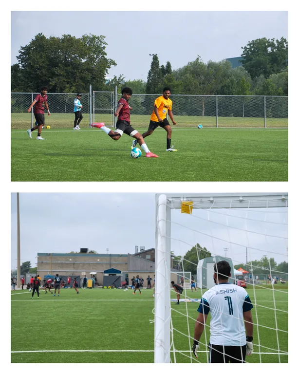 Two frames from a soccer match: a player in a maroon jersey mid-kick, and a goalkeeper in a white jersey in front of the net.